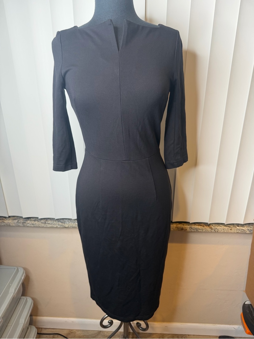 Mary Crafts Black 3/4 SL Square Slit Neck Zip Cocktail Formal Office Dress Sz 6